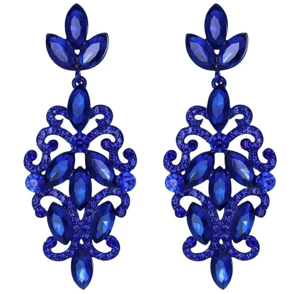 Blue with Blue Sapphire Crystal Marquise Filigree Chandelier Post Back Earrings